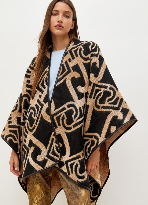 Abrigos Liu Jo Jacquard Poncho With Logo Mujer Negras | UZJ-176240