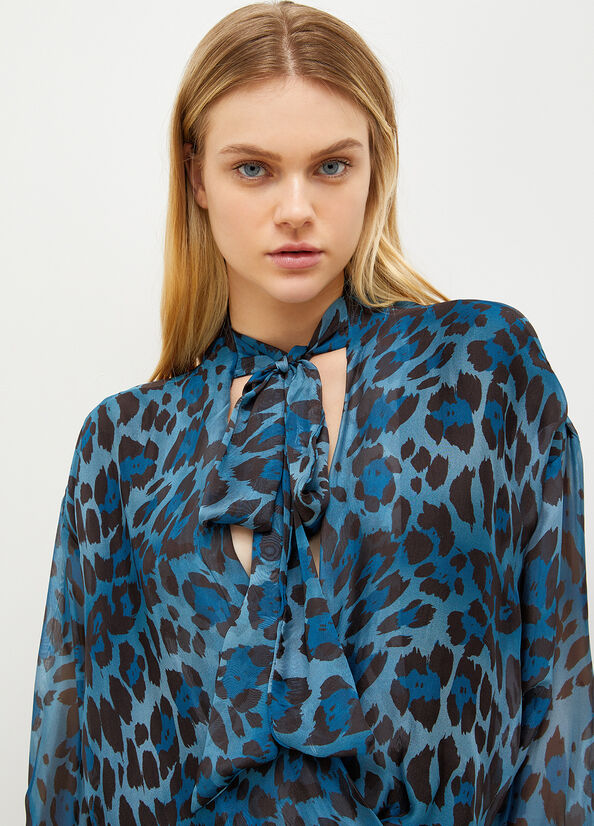 Camisas Liu Jo Animal-Print Chiffon Blouse Mujer Azules | GOL-905178