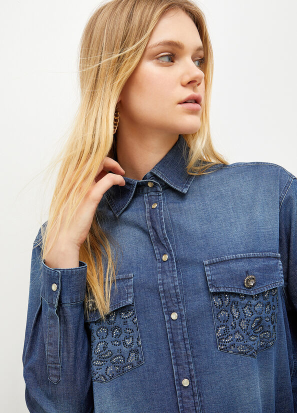 Camisas Liu Jo Denim With Gemstones Mujer Azules | GEY-638721