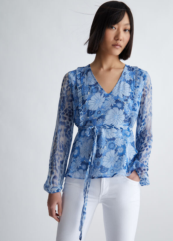 Camisas Liu Jo Floral Crepon Blouse Mujer Azules Oscuro | QFA-514609