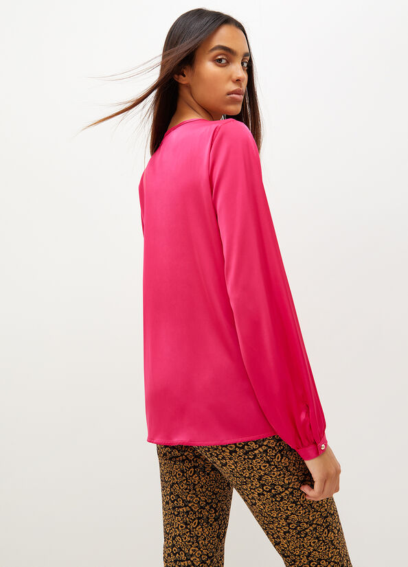 Camisas Liu Jo Satin Blouse With Jewel Logo Mujer Fucsia | QHO-908361