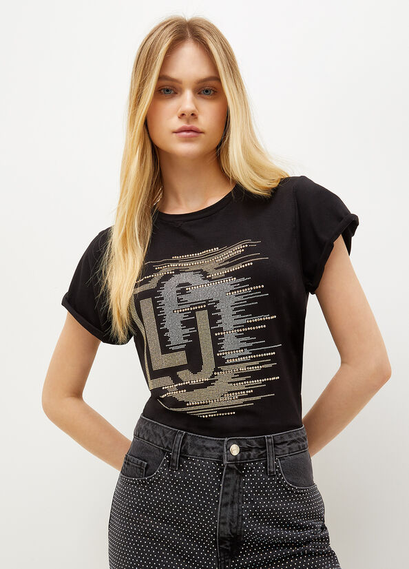 Camiseta Liu Jo Eco-Friendly Jersey With Logo Mujer Negras | SIJ-741835