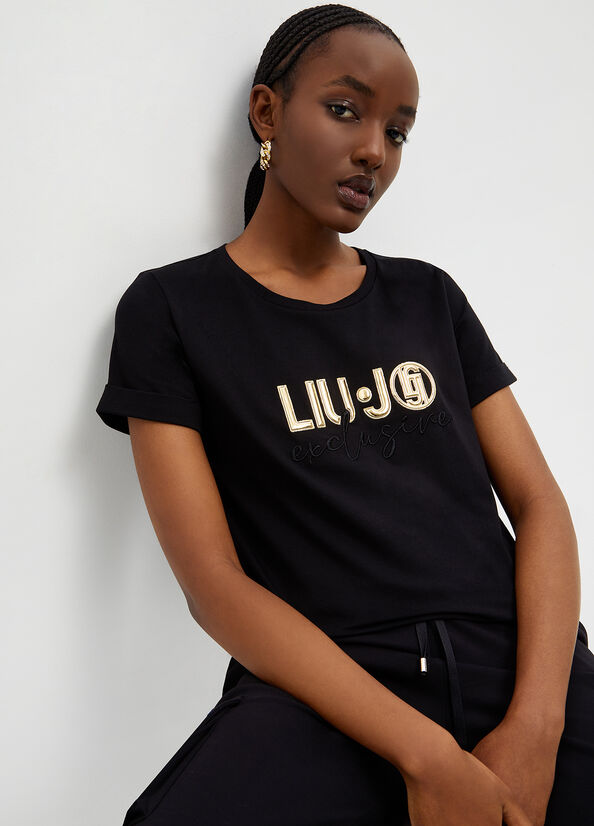 Camiseta Liu Jo Eco-Friendly With Logo Mujer Negras | QKI-764180