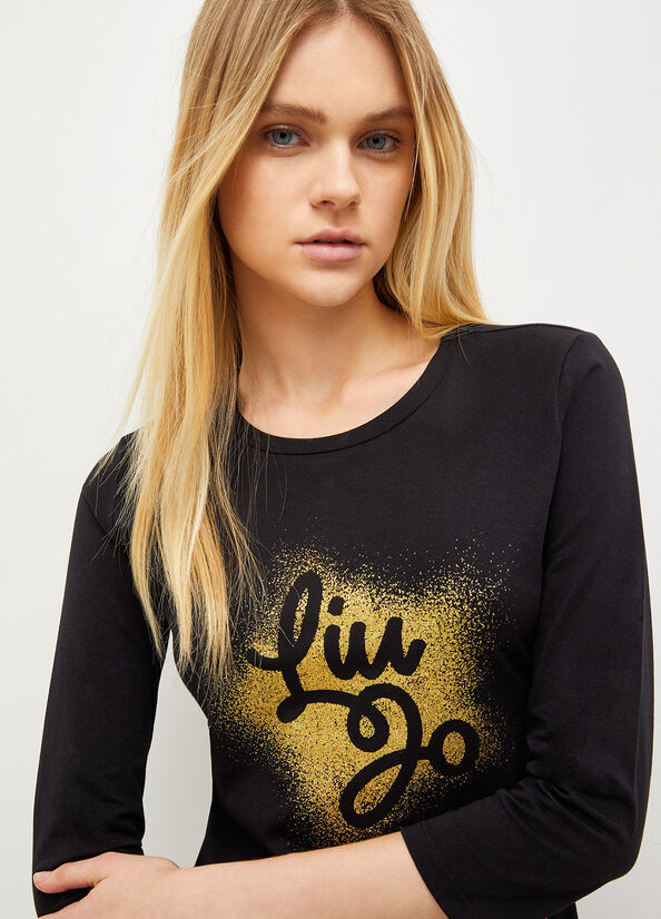 Camiseta Liu Jo Eco-Friendly With Logo Mujer Negras | YWO-721480