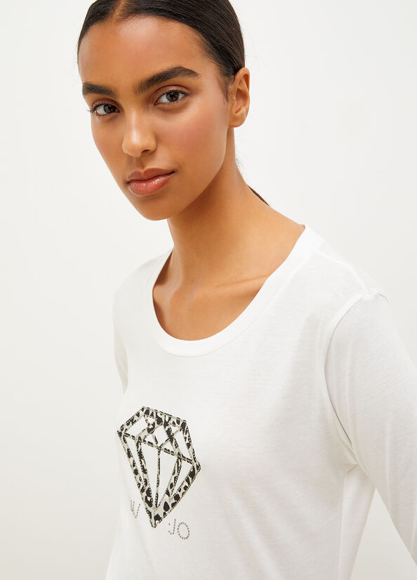 Camiseta Liu Jo Eco-Friendly With Print And Gemstones Mujer Blancas | GDT-428907