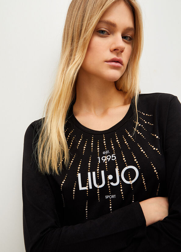 Camiseta Liu Jo Eco-Friendly With Studs And Logo Mujer Negras | ETQ-312968