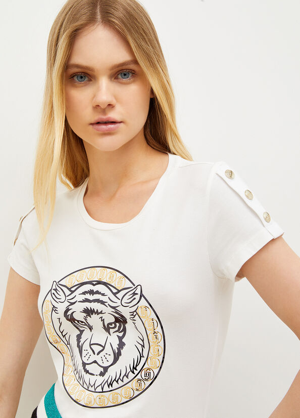 Camiseta Liu Jo Jersey With Lion Mujer Blancas | DOQ-614590