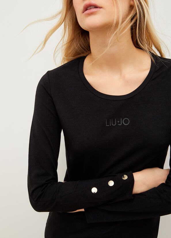 Camiseta Liu Jo Jersey With Logo Mujer Negras | KLT-793648