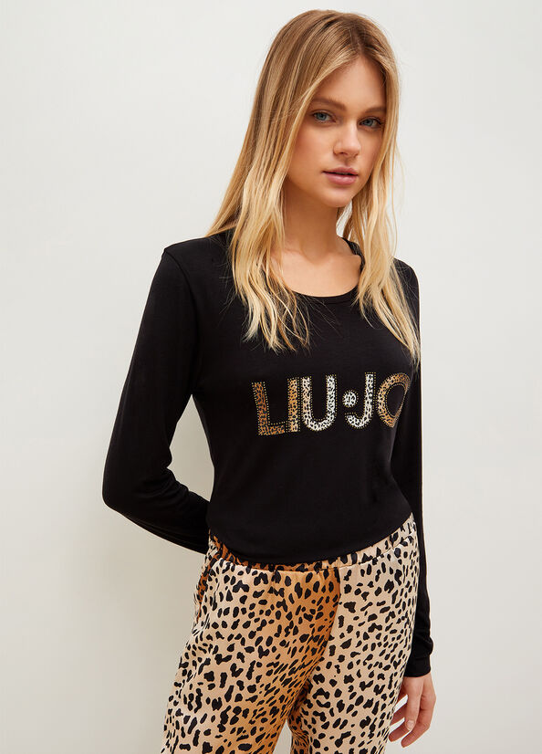 Camiseta Liu Jo With Animal-Print Logo Mujer Negras | LIR-701985