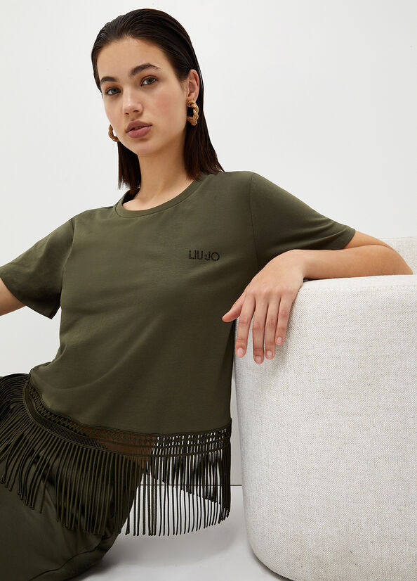 Camiseta Liu Jo With Fringes Mujer Verde Oliva | WEK-419280