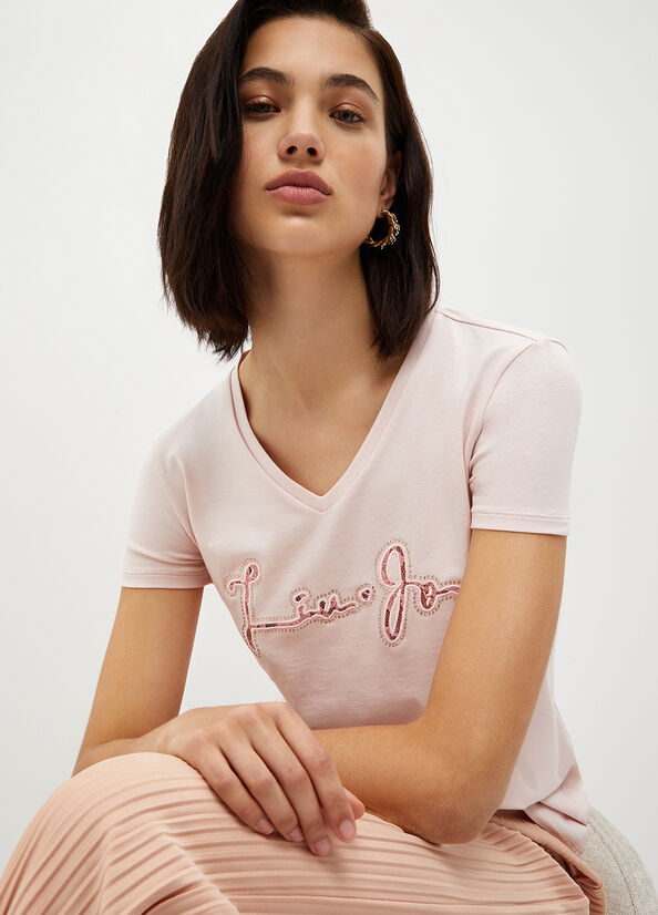 Camiseta Liu Jo With Logo And Encaje Mujer Rosas | CBF-789324