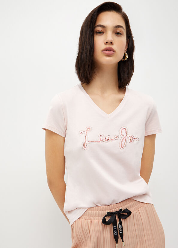 Camiseta Liu Jo With Logo And Encaje Mujer Rosas | CBF-789324