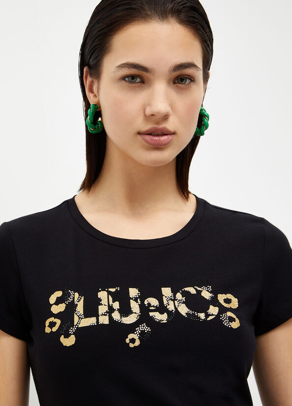 Camiseta Liu Jo With Logo And Gemstones Mujer Negras | LDY-504829