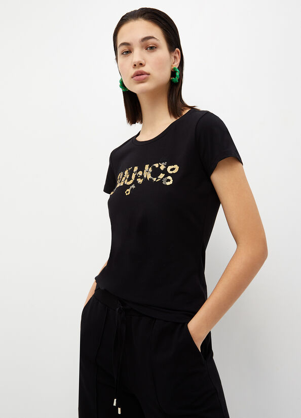 Camiseta Liu Jo With Logo And Gemstones Mujer Negras | LDY-504829