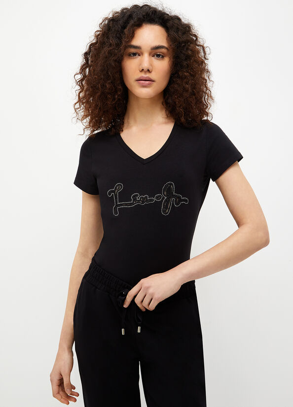 Camiseta Liu Jo With Logo And Gemstones Mujer Negras | RGT-176095