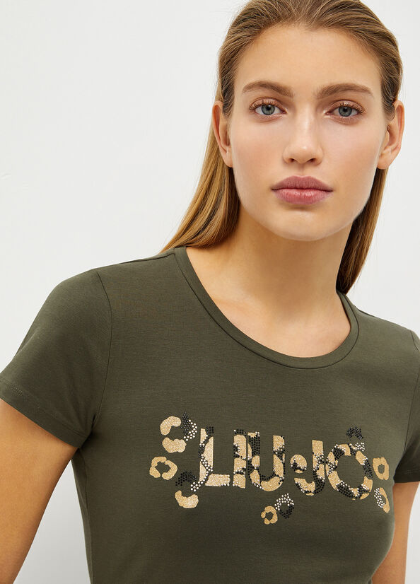 Camiseta Liu Jo With Logo And Gemstones Mujer Verde Oliva | RJA-809145