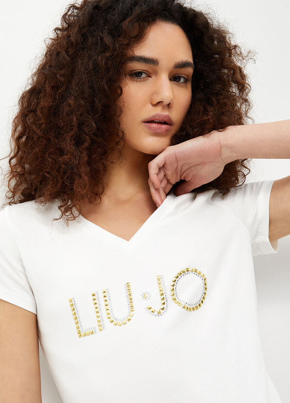 Camiseta Liu Jo With Logo And Studs Mujer Blancas | QER-830657