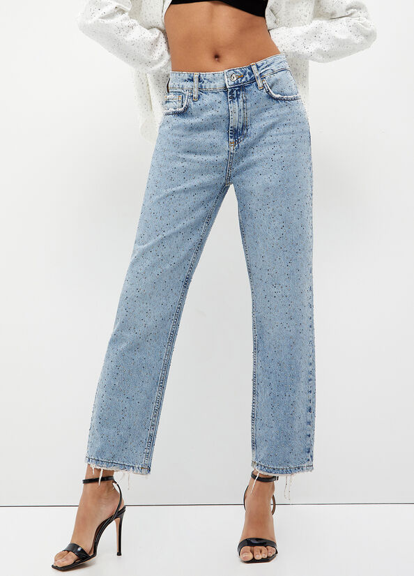 Jeans Slim Liu Jo Cropped With Diamantés Mujer Azules | TNS-105782