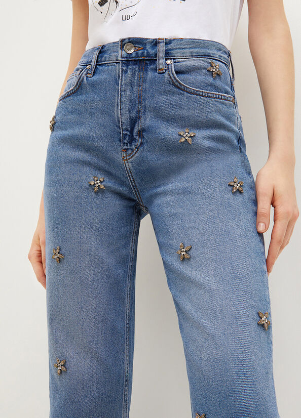 Jeans Straight Liu Jo Appliqué Cropped Mujer Azules | RHC-291057