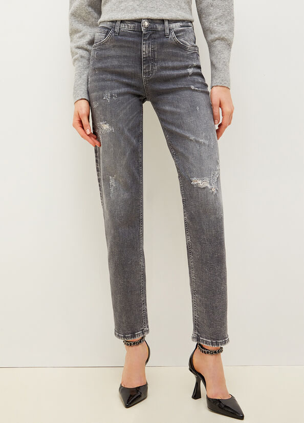 Jeans Straight Liu Jo Boyfriend With Rips Mujer Gris | RZE-724156