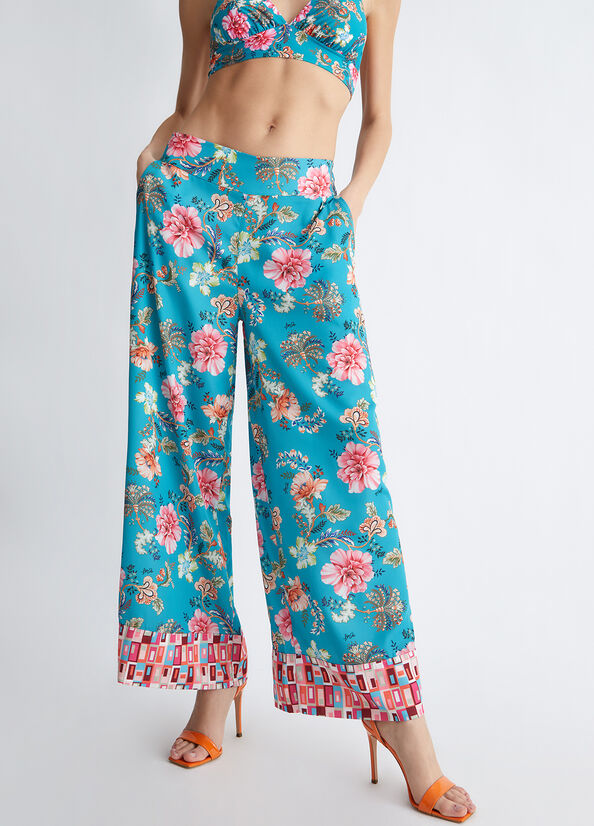 Pantalones Liu Jo Floral Mujer Turquesa | PBF-648231