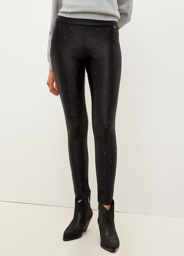 Pantalones Liu Jo Stretch Jersey Leggings With Rhinestones Mujer Negras | MUX-023671