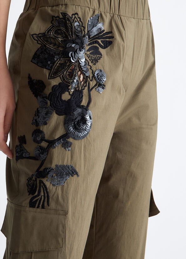 Pantalones Liu Jo With Embroidery And Sequins Mujer Verde Oliva | MPF-392156