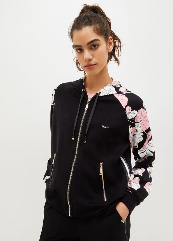 Sudaderas Liu Jo Encapuchado With Floral Print Mujer Negras | BDH-154279