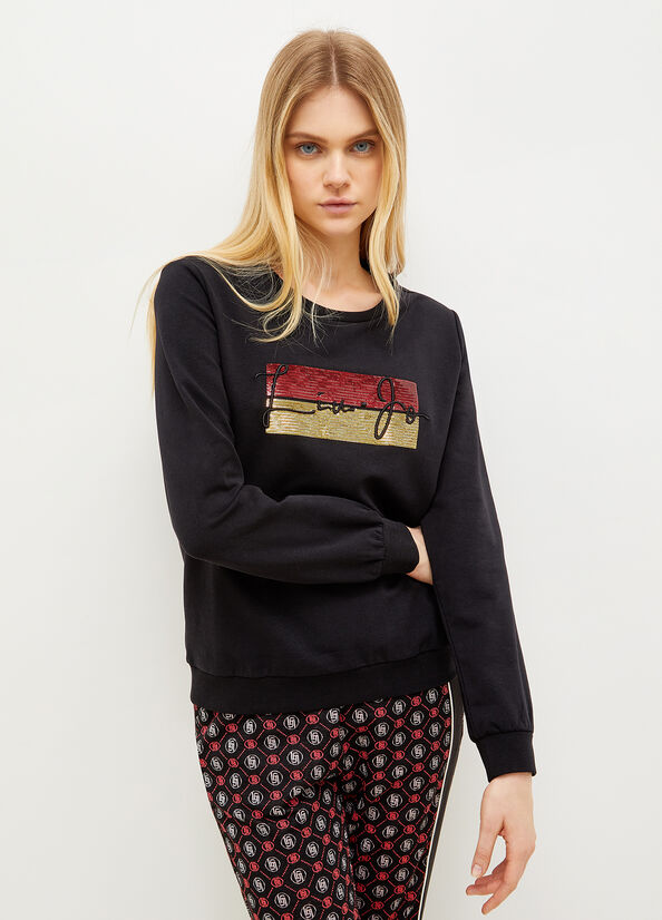 Sudaderas Liu Jo With Logo And Sequins Mujer Negras | YZB-369507