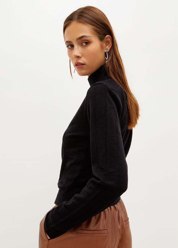 Suéteres Liu Jo Mock Turtleneck With Penwork Pattern Mujer Negras | ATE-416873