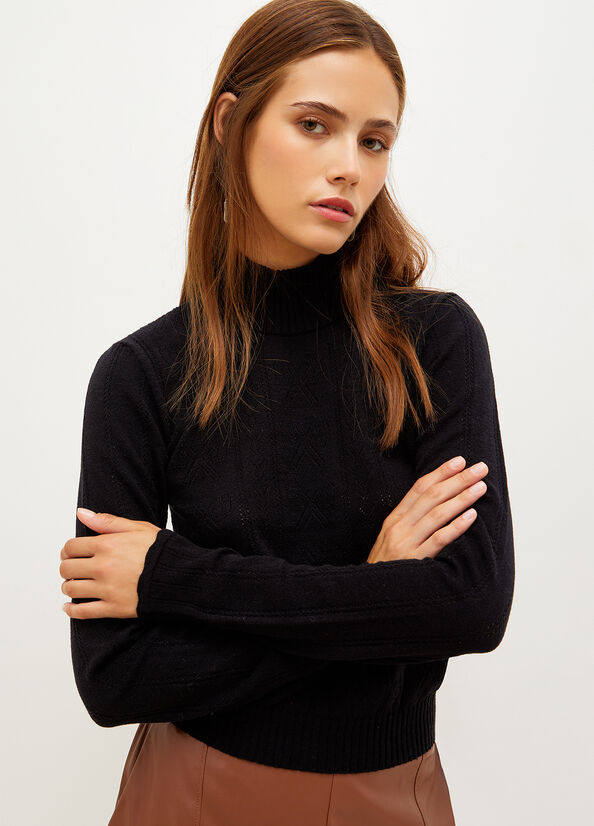 Suéteres Liu Jo Mock Turtleneck With Penwork Pattern Mujer Negras | ATE-416873