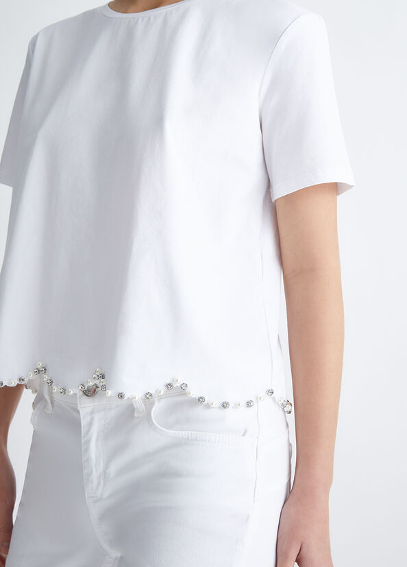 Tops Liu Jo With Pearls And Rhinestones Mujer Blancas | AQR-402163