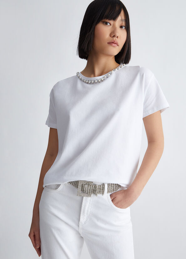 Tops Liu Jo With Pearls And Rhinestones Mujer Blancas | HLS-715984