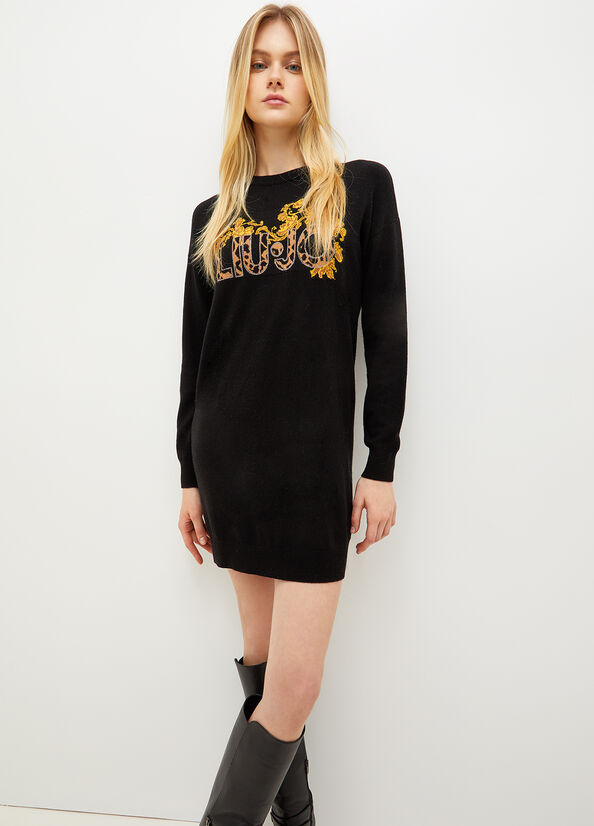 Vestido Liu Jo Knit With Logo Mujer Negras Amarillo | YSL-651378