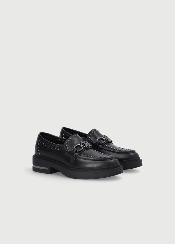 Zapatos Planos Liu Jo Cuero Moccasins With Studs Mujer Negras | YTJ-698417