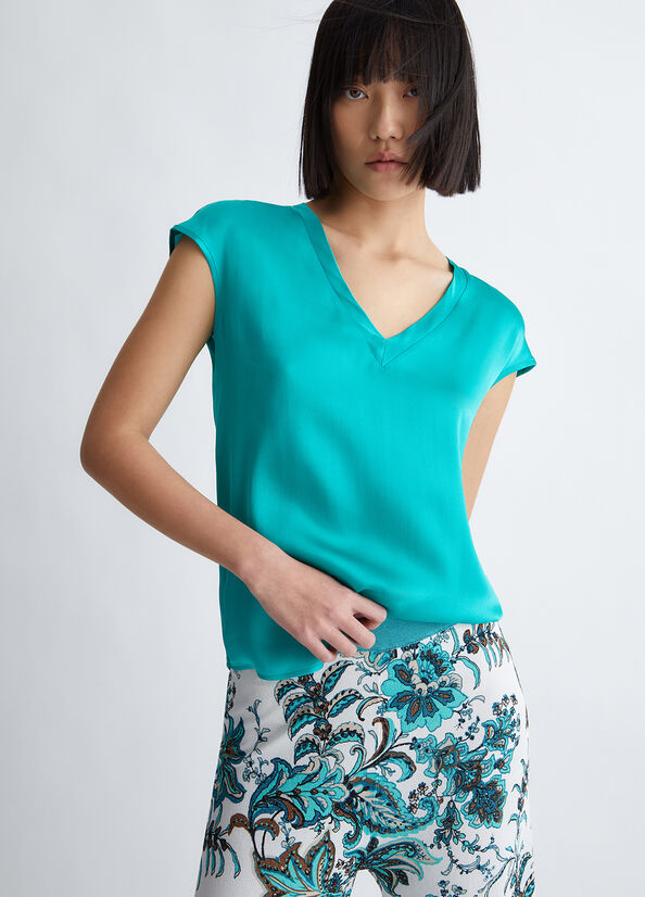 Camisas Liu Jo Silk Blend Blouse Mujer Turquesa Claro | UOW-705618