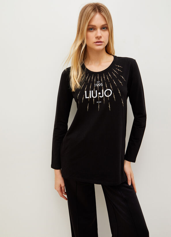 Camiseta Liu Jo Eco-Friendly With Studs And Logo Mujer Negras | ETQ-312968