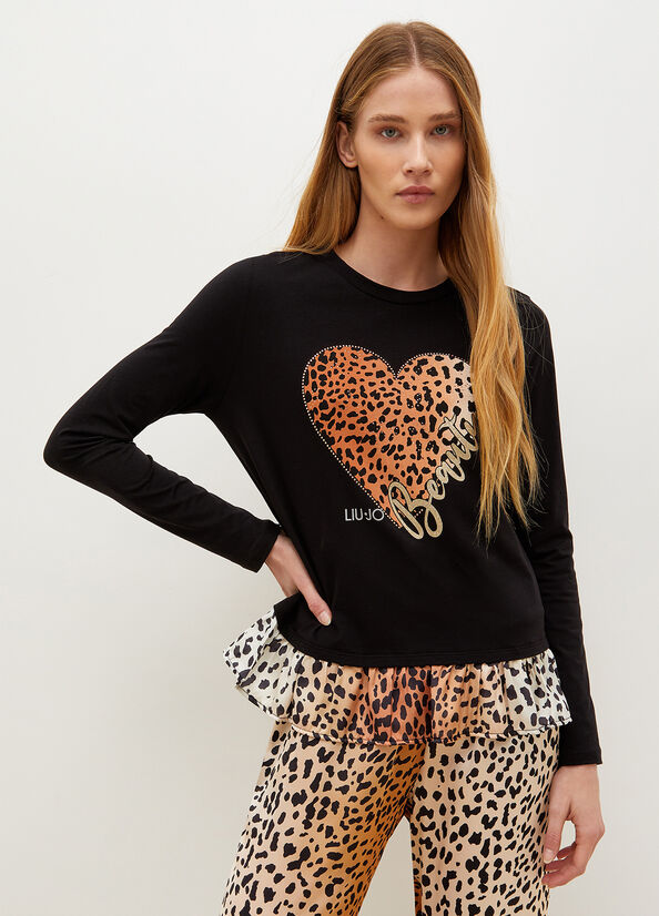 Camiseta Liu Jo With Animal-Print Heart Mujer Negras | GXB-476932