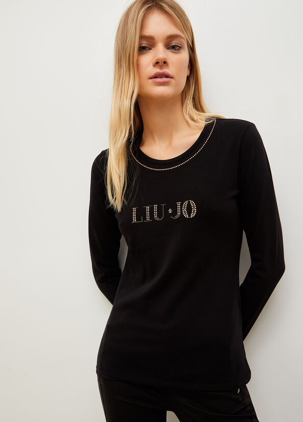 Camiseta Liu Jo With Logo And Gemstones Mujer Negras | AUX-628904