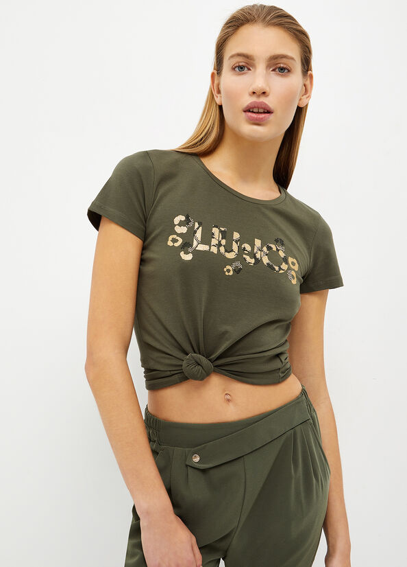 Camiseta Liu Jo With Logo And Gemstones Mujer Verde Oliva | RJA-809145