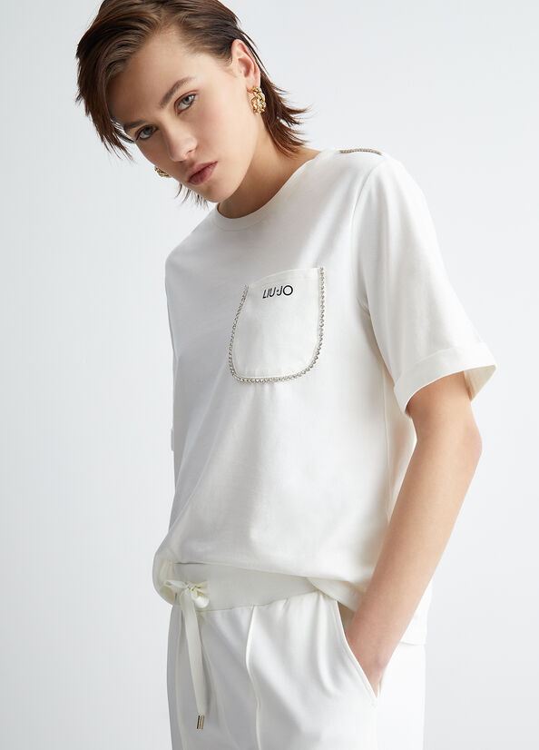 Camiseta Liu Jo With Pocket And Rhinestones Mujer Blancas | PNV-748529