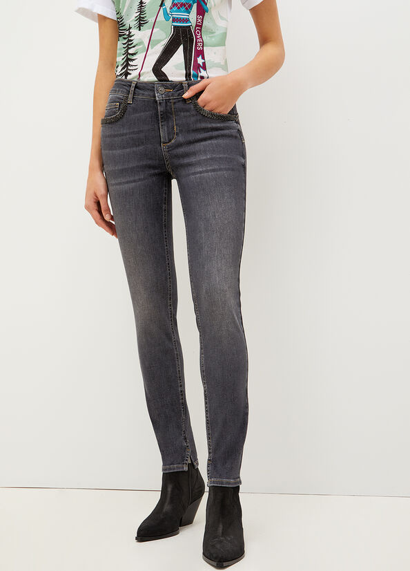 Jeans Skinny Liu Jo Bottom Up With Gemstones Mujer Gris Oscuro | HBN-370129