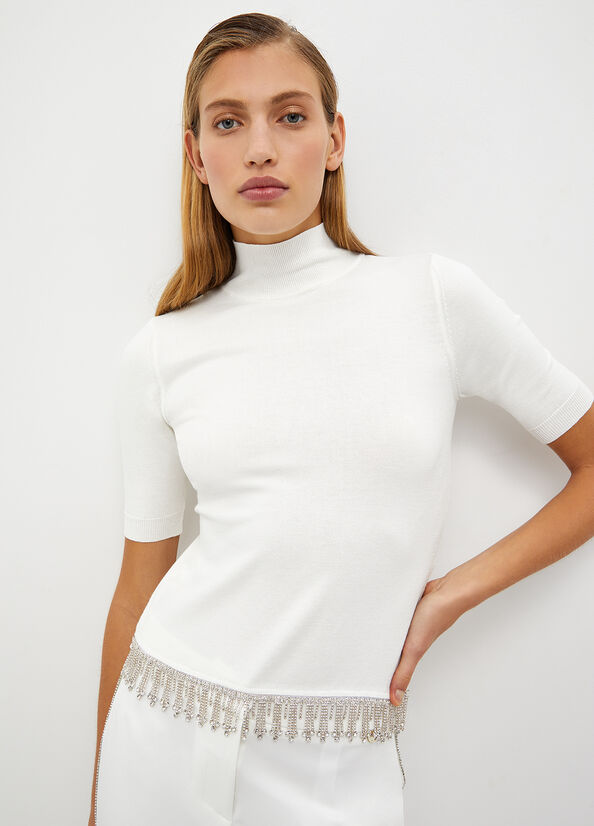 Suéteres Liu Jo Mock Turtleneck With Jewel Fringes Mujer Blancas | HVZ-065918