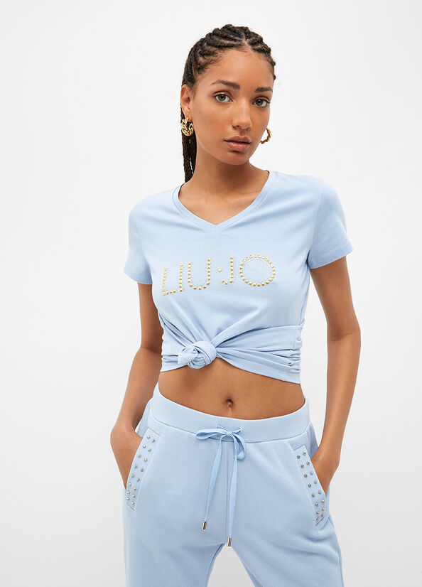 Tops Liu Jo With Logo And Studs Mujer Azules Claro | CHQ-890643