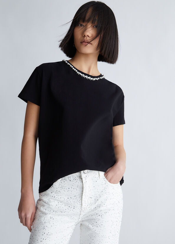 Tops Liu Jo With Pearls And Rhinestones Mujer Negras | EFO-149832