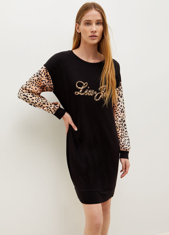 Vestido Liu Jo Jersey With Animal Print And Logo Mujer Negras | HDJ-627481